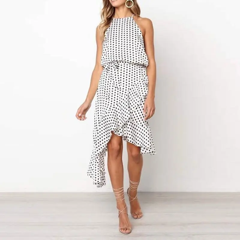 

Boho Polka Dot Dress Women Summer Vintage Asymmetric Ruffle Belt Causal Sexy Sundress Sleeveless White Strap Beach Midi Dresses