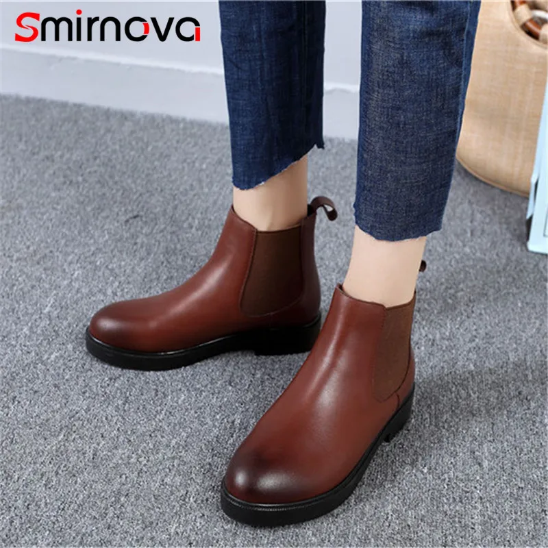 

Smirnova TOP fashion 2018 popular round toe ladies ankle boots genuine leather woman boots med heel causal autumn boots brown