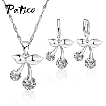 

Sweet Cute Cherry Fruit Anniversary Zirconia Necklace Earrings Little Girl And Women Gift 925 Sterling Silver