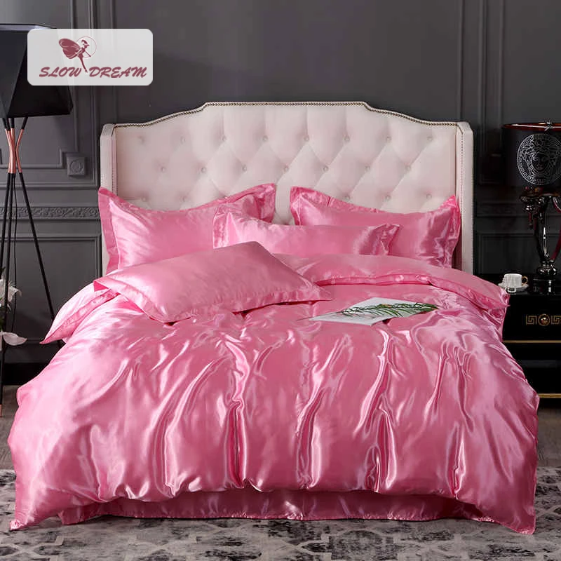 

SlowDream Euro Bedding Set Fitted Sheet 100% Silk Bedspread Luxury Rubber Sheet Adult Duvet Cover Elastic Band Sheet Corners Set