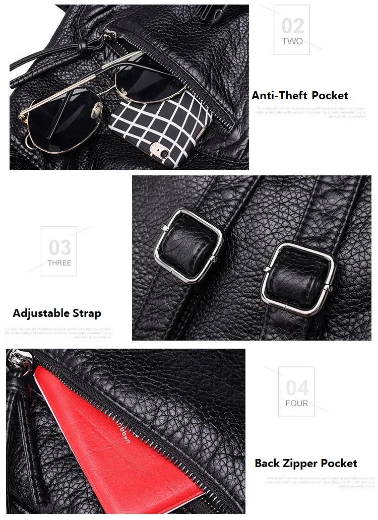 MJ Soft Leather Women Backpack Large Travel Bag PU Leather Female Daypack Black Backpack School Bag for Teenage Girls (10)