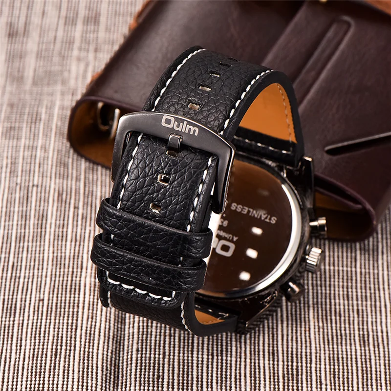  Fashion Military Mens Waches PU Leather Luxury Brand Oulm Multi-Time Zone Sport Men Quartz Watch