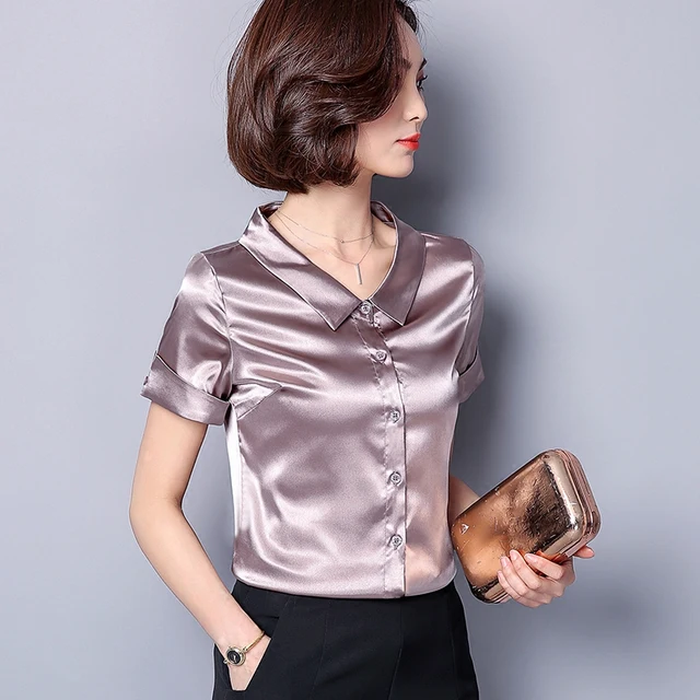 Women Faux Silk Casual Shirt Solid 7 Colors Button Plus Size M 3XL