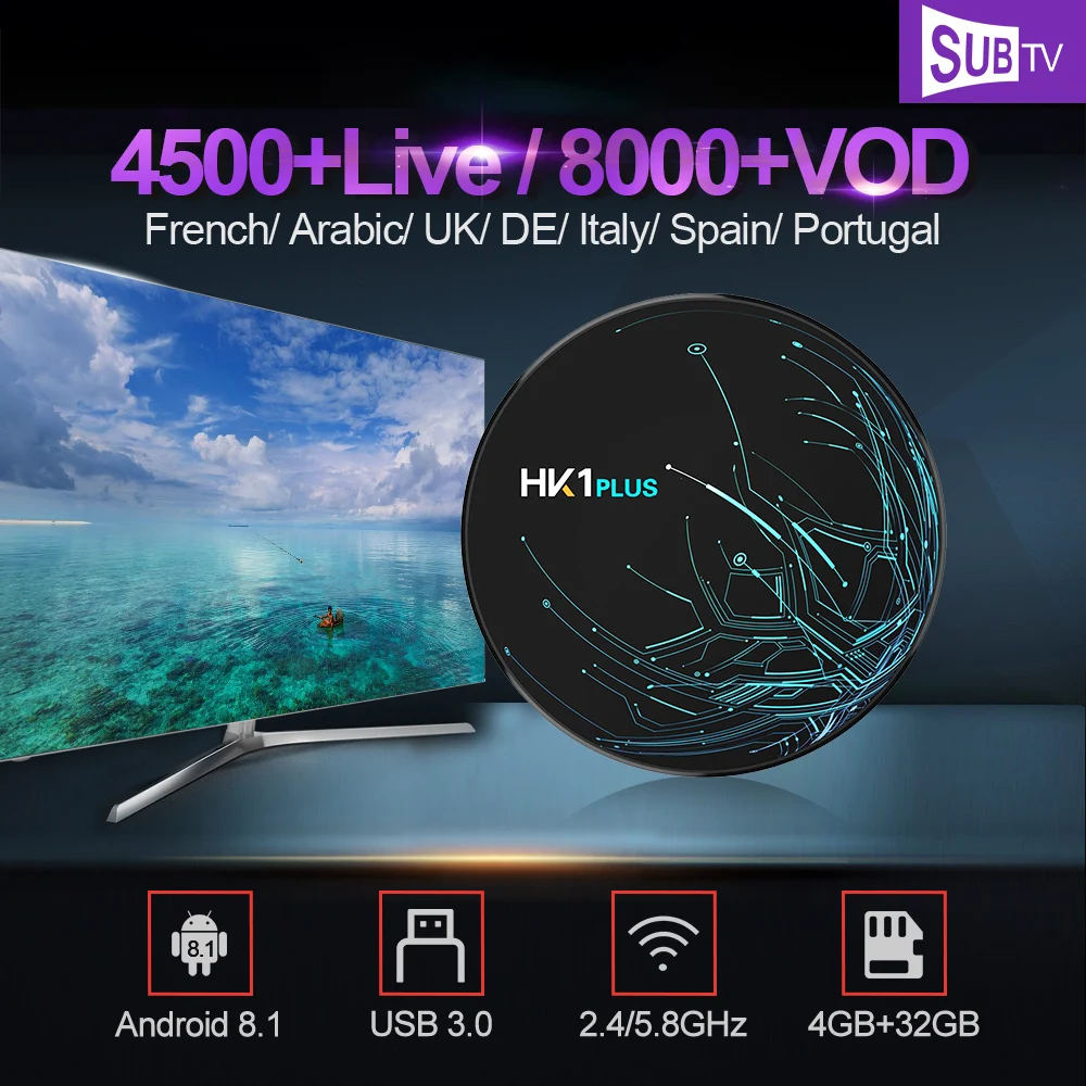 

French IPTV Box HK1 Plus Android 8.1 Tv Box 1 Year SUBTV IPTV Subscription France Arabic UK Portugal Italy Spain Turkey IP TV
