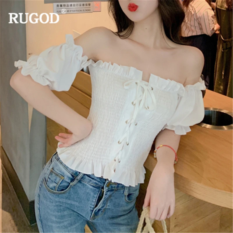 

RUGOD Solid Women Shirt Slash Neck Puff Short Sleeves Pleated Drawstring Ruffles Blouse Sweat Temperament Modis Blusas For Mujer