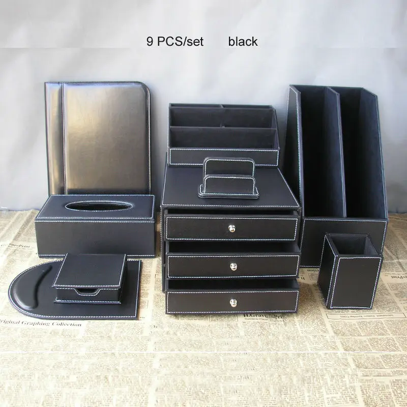 9pcs Set Office Leather Desk Organizer Set 2 Grid File Holder 3