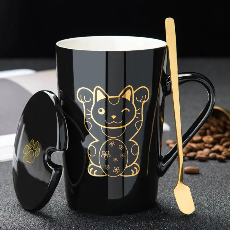 Розовый Новая кофейная кружка с когтями черного кота, Золотая чашка для завтрака с ложкой и крышкой, чашка для чая и молока, кружки с животными, креативная посуда для напитков, подарок для девочки - Цвет: Розовый