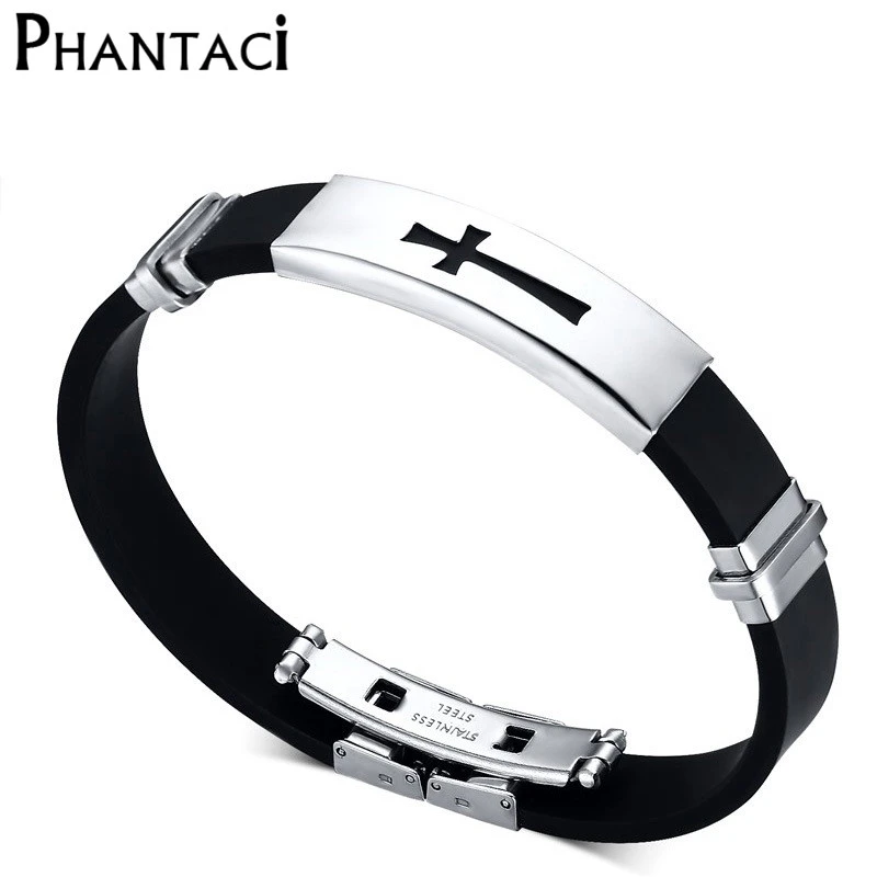 Pulsera de acero inoxidable para hombre, brazalete de PU, negro, Punk, cierre|steel wristband|stainless wristbandpulseira de borracha - AliExpress