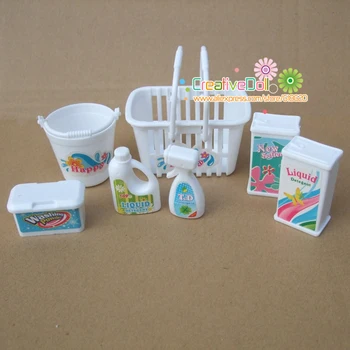 

Free Shipping Kid's play house toys swag box, buckets, detergents, Household Washing Kit for Barbie Doll