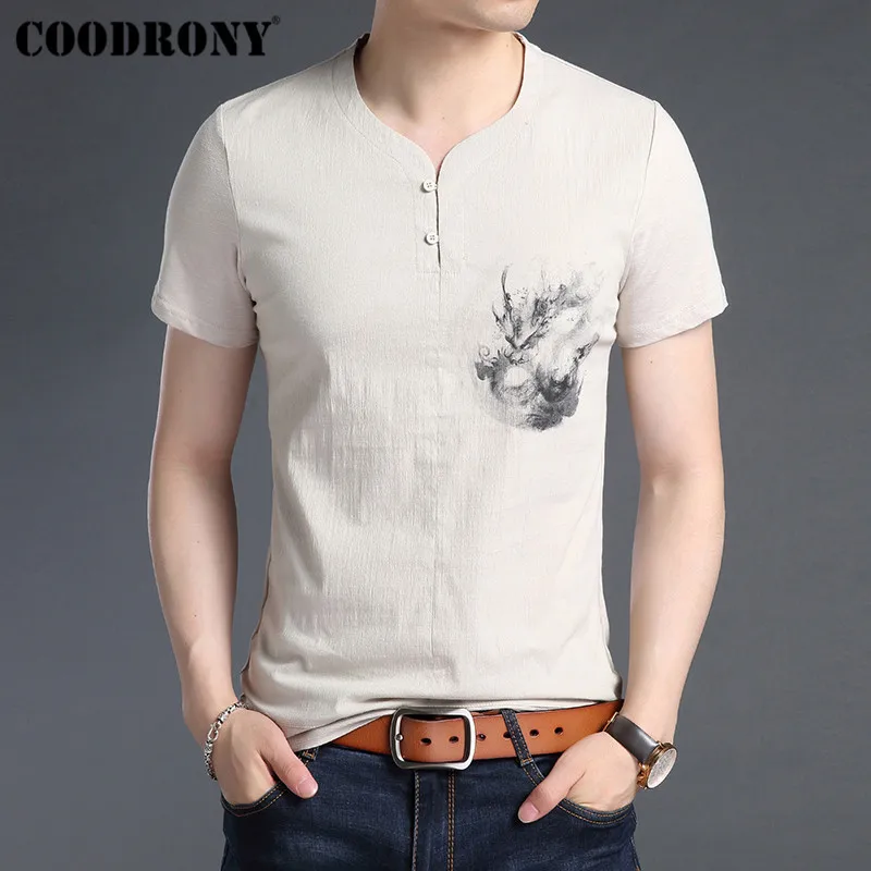 COODRONY, Мужская футболка, хлопок, лен, короткий рукав, футболка, мужская, лето, китайский стиль, окрашенный воротник, футболка, Homme S95028 - Цвет: Хаки