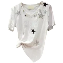 

Summer and Autumn New Short-sleeved T-shirt Female V-neck Loose Bamboo Sweis Cotton Wild Shirt Shirt Tide