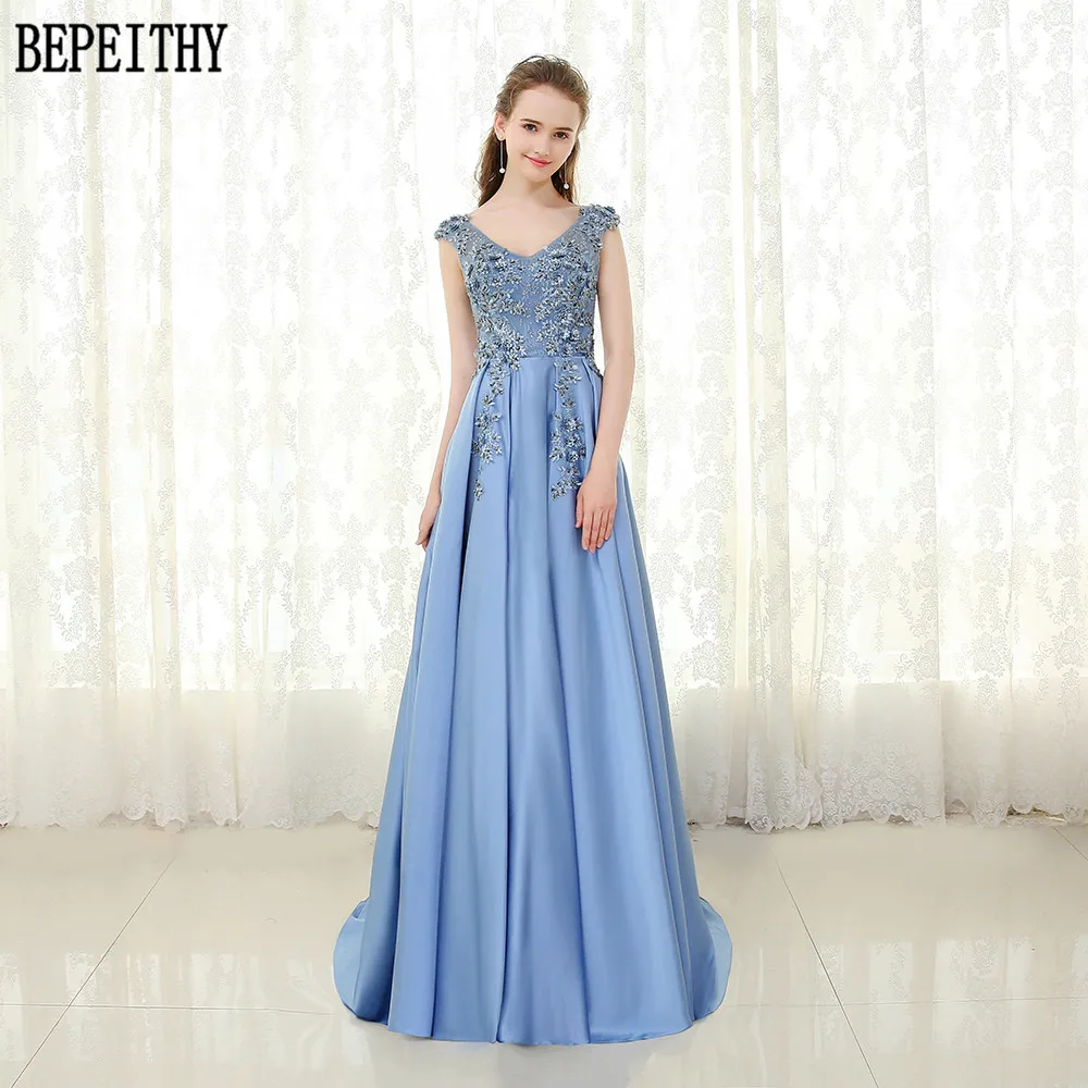 7    BEPEITHY Vestido De Festa Elegant A-Line Satin V-Neck Beads Appliques Evening Dress Party Long Prom Gown 2017 (1)