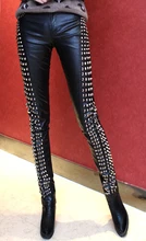 Heavy metal rivets super thin slim Pencil Pants/Washed PU Leather pants/Manual metal rivet pants/4size/wholesale beading pants
