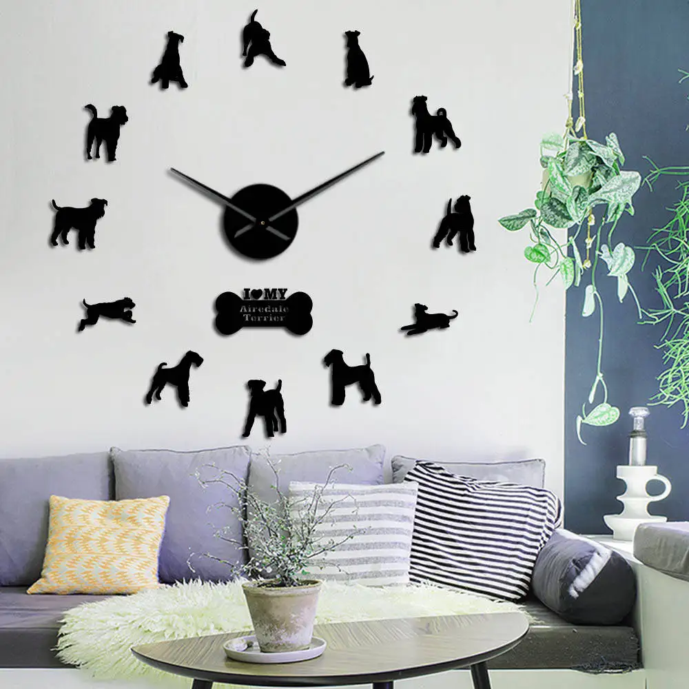 

Airedale Terrier Dog Breed Figurine Contemporary DIY Wall Clock Animal Dogs Pets Companions Laser Cut Quiet Sweep Clock Watch