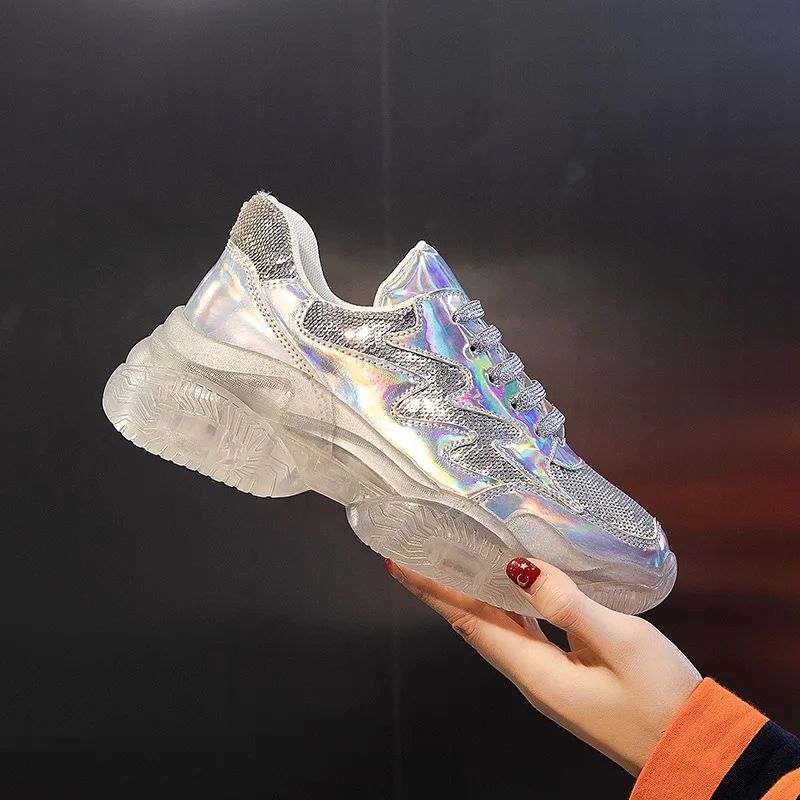

New fashion women's sneakers sequin laser leather Daddy Shoes Girls Spring Summer Thick Shoes Leisure Sports Shoes