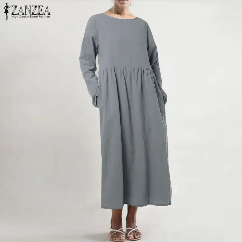 Long Sleeve Gray Летнее льняное платье, кафтан, женский сарафан, ZANZEA, повседневное, короткий рукав, Vestidos, тонкое, винтажное, женское, плиссированное платье, негабаритный - Цвет: Long Sleeve Gray