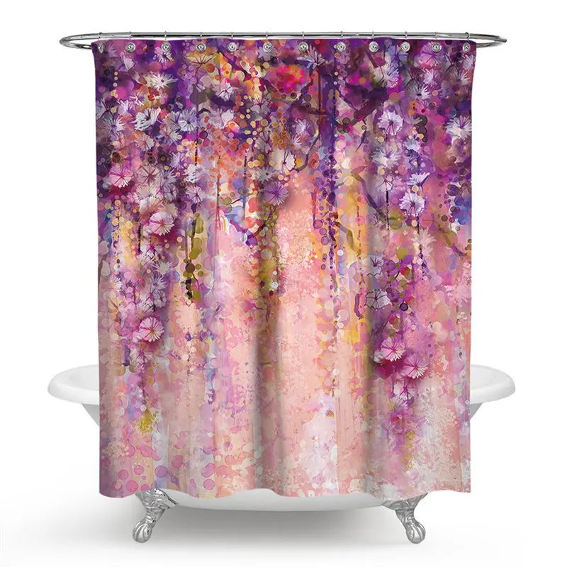 Waterproof Shower Painted Plants Printed Fabric Polyester Washable Mildewproof Bath Shower Curtain with Hooks for Bathroom - Color: 4
