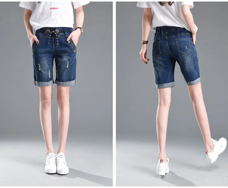 Hchenli шорты Для женщин эластичный пояс дамы большой ярдов джинсы Винтаж шнурок брюки Для женщин отверстие Джинсовые укороченные брюки
