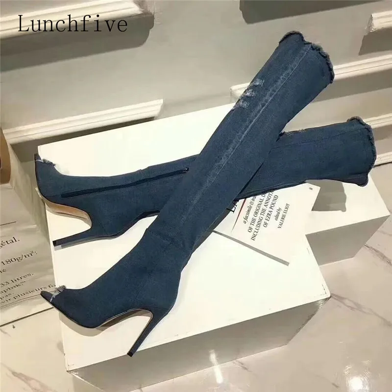 

Newest Blue Denim Long Boots Woman Open Toe Hollow Fringe High Heel Shoes Woman Sexy Over The Knee Boots Summer