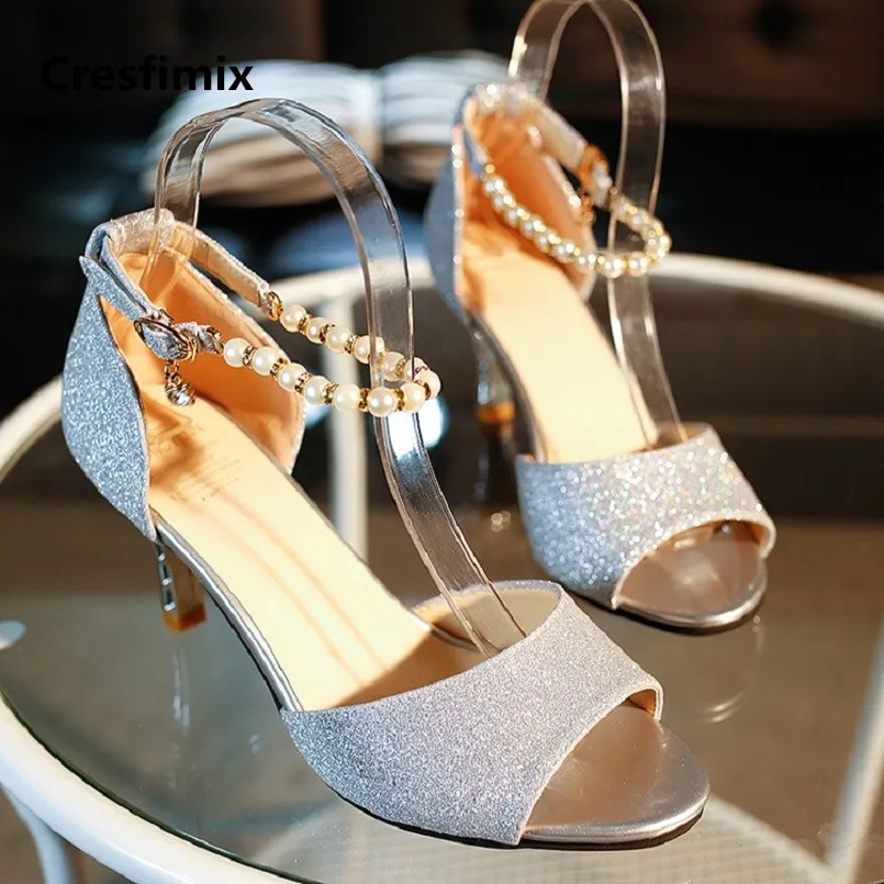 

Cresfimix women fashion comfortable silver high heel buckle strap shoes lady casual sweet spring & summer golden shoes c2896
