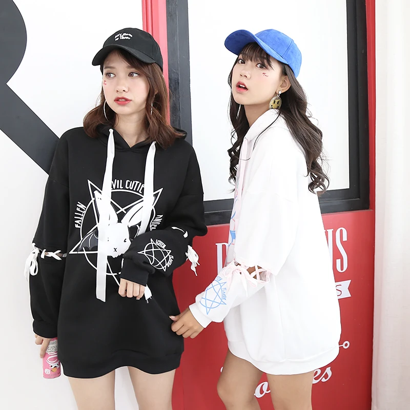  Harajuku Cute Lolita Women Tumblr Sweatshirt Rabbit Pentacle Print Lace Up Hoodies Loose Tracksuit 