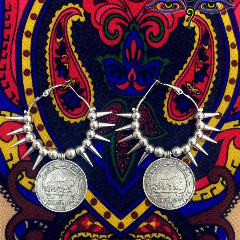 

Original Design India Natives Hippie Style Exaggeration Big Earrings Round Ancient Silver Coin Handmade Wild woman Earrings