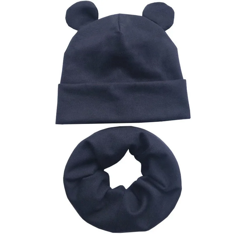 navy kids hat Новая детская шапка с милыми ушками, хлопковая шапка для младенцев, детские шапки для девочек и мальчиков, детская шапка, шарф, воротники, кольцо, осенне-зимняя теплая шапка - Цвет: navy kids hat