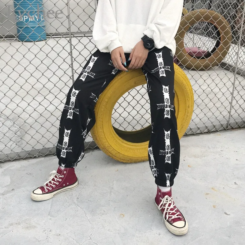 Lychee Harajuku, женские штаны с поперечным принтом, эластичный пояс, повседневные свободные шаровары, длинные штаны для бега