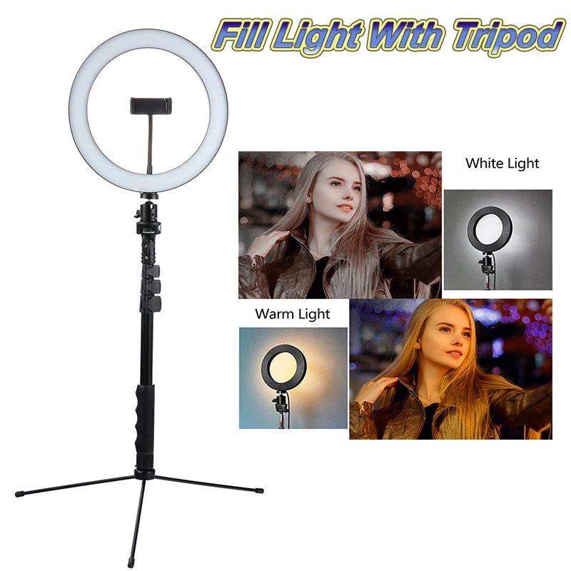 

Tycipy 8" 26CM LED Ring Light Photography 3200-5500 Bi-color Light Phone amera Tripod Lock Selfie Stick USB Plug Phone Clip