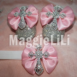 pink bowknot Custom Sparkle Bling crystals Rhinestones Baby girls shoes infant 0-1Y ribbon shoes First Walkers hairband 0032 - Цвет: 7