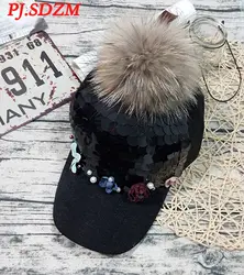 PJ. SDZM осенне-зимняя женская модная бейсболка с пайетками хип-хоп цветы шляпа модная меховая шапка