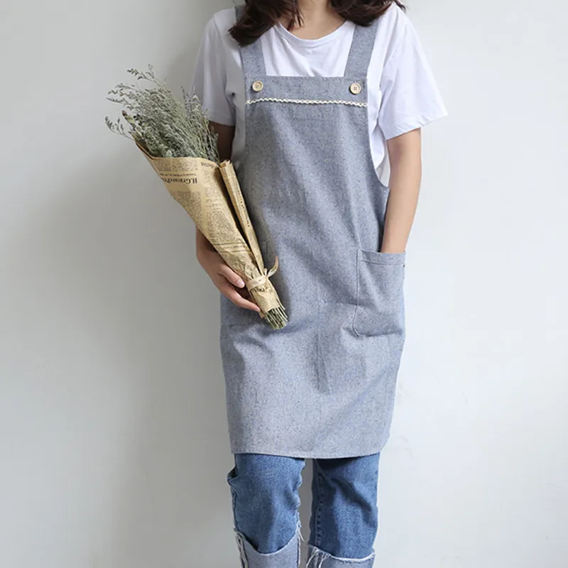 Blue Pink Brown Cotton Linen Long Apron Barista Cafe Waitress Bar Bakery Catering Uniform Painter Florist Gardener Work wear B90