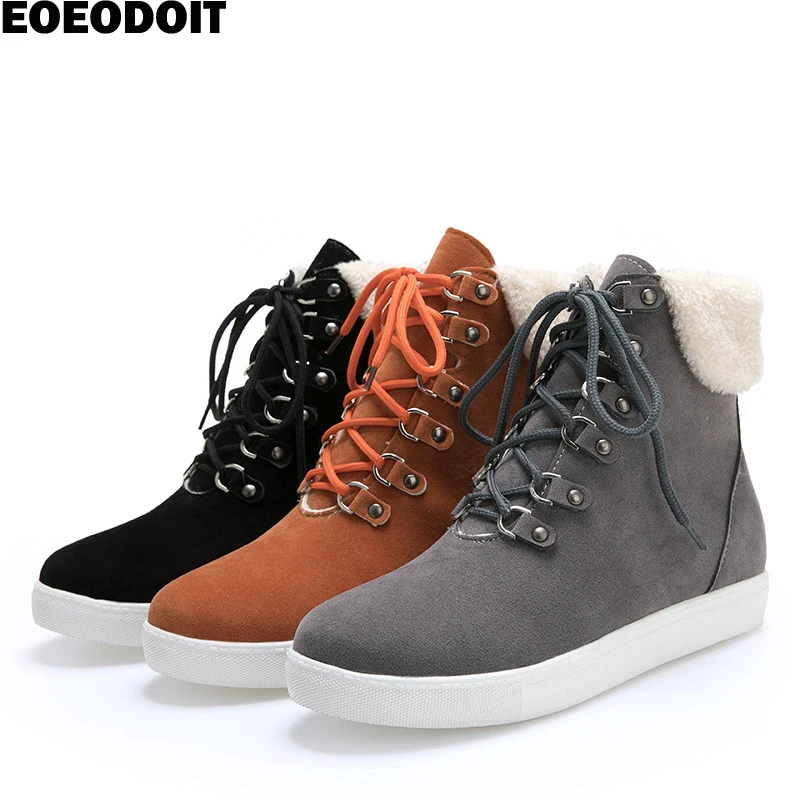 

EOEODOIT Winter Add Cotton Boot Women Suede Leather Flats Shoes Mid Calf Warm Snow Bootie Large Size Anti Skid Flat Heel Sneaker