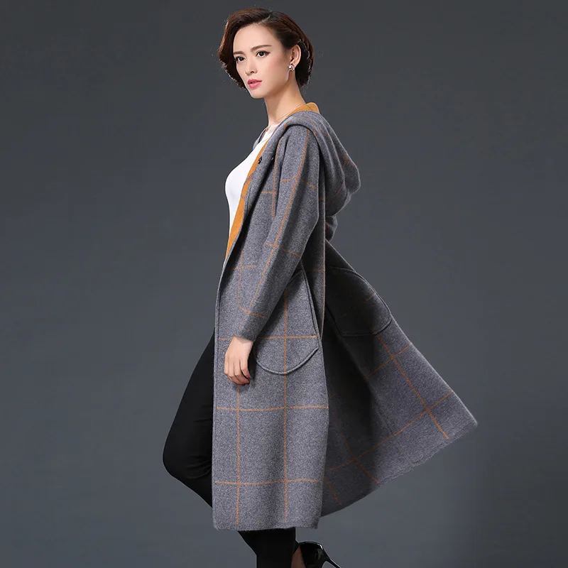 

Danjeaner New Spring Autumn Hooded Plaid Knitted Sweater Cardigan Women winter Jacket Loose Big Yards Joker Long Sweaters Coat
