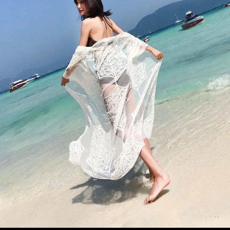 

Beach Kaftan Cover Up Sexy Lace Pareo Beachwear Long Beach Dress Tunic Cardigan Beach Sarongs Bathing Suit Women Beach Cover Up