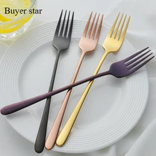 7PCS Set Dinner Stainless Torch Shape Sliver Cutlery Set Korean Style Long Handle Dining Table Forks