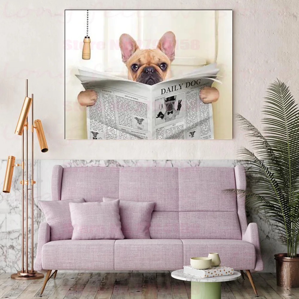 Puppies Reading Newspapers in the Bathroom Nordic Poster Canvas Print Abstract Artwork Pictures Office Room Decor Drop Shipping