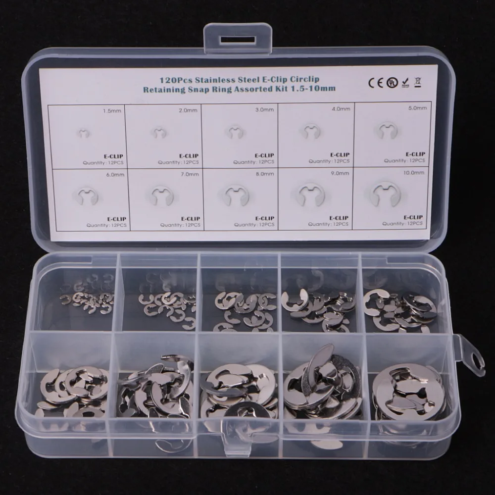 120PCS 1.5mm-10mm E-Clip Assortment Kit Stainless Steel Retaining Circlip Set Washers And Gaskets | Обустройство дома