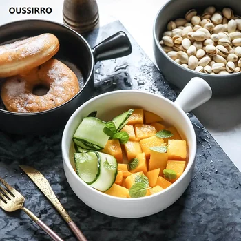 

OUSSIRRO Creative Ceramic Manche Soup Milk Bowl saladier single handle fruit salad rice bowl Japanese cutlery noodle bowl
