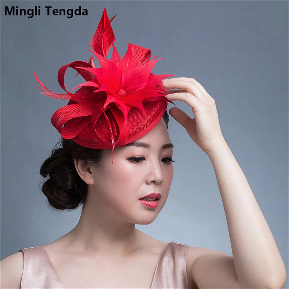 

Mingli Tengda 2018 Pink/Red Formal Feather Wedding Hats for Women Elegant Vintage Bridal Hats Bridal Accessories chapeu noiva