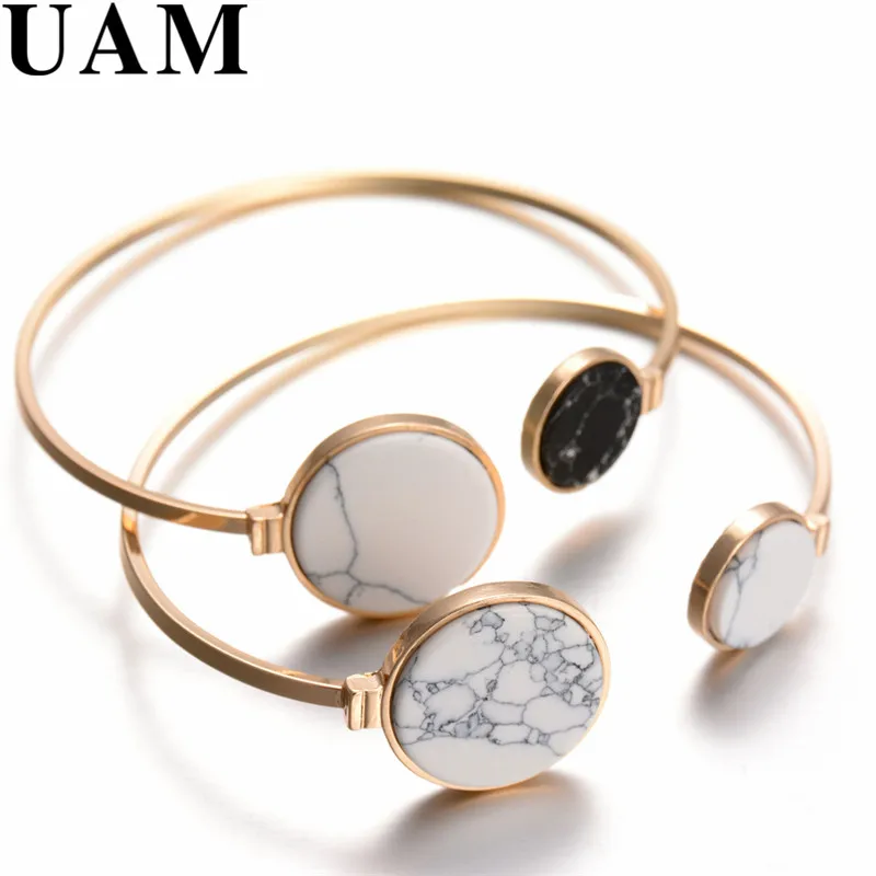 

UAM Gold Color Fashion Trendy Round Black White Faux Marbleized Stone Charm Zinc Alloy Cuff Bangle Bracelet for Women