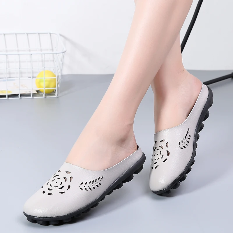 Casual Summer Shoes Woman Genuine Leather Flats Women Hollow Women's Loafers Female Solid Shoe Large Size 35-44 n794