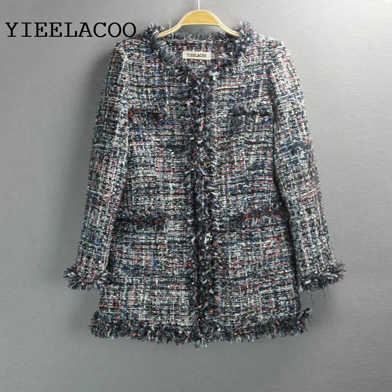 

Dark blue tweed jacket and long sections 2019 autumn / winter women's woolen coat Slim was thin ladies sequined jacket coat