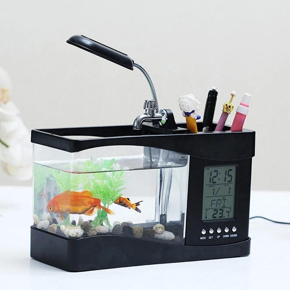 

Mini Fish Tank Plastic Aquarium USB Auto Mini Fish Aquarium with LED Light LCD Display Screen and Clock Fish Tank Multi-function
