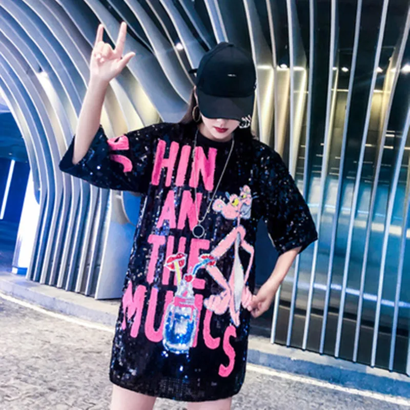 fashion Letter Sequins T Shirt Women Pink Panther Dress Summer Print T Shirt Women Half Sleeve Mini Dresses Oversize Tops