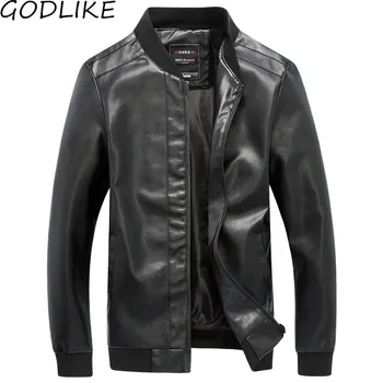 

2019 Spring Men's Slim Fit Leather Jacket Pure Color Leather Teenager Fashion Baseball Tie Locomotive Big Size Coats