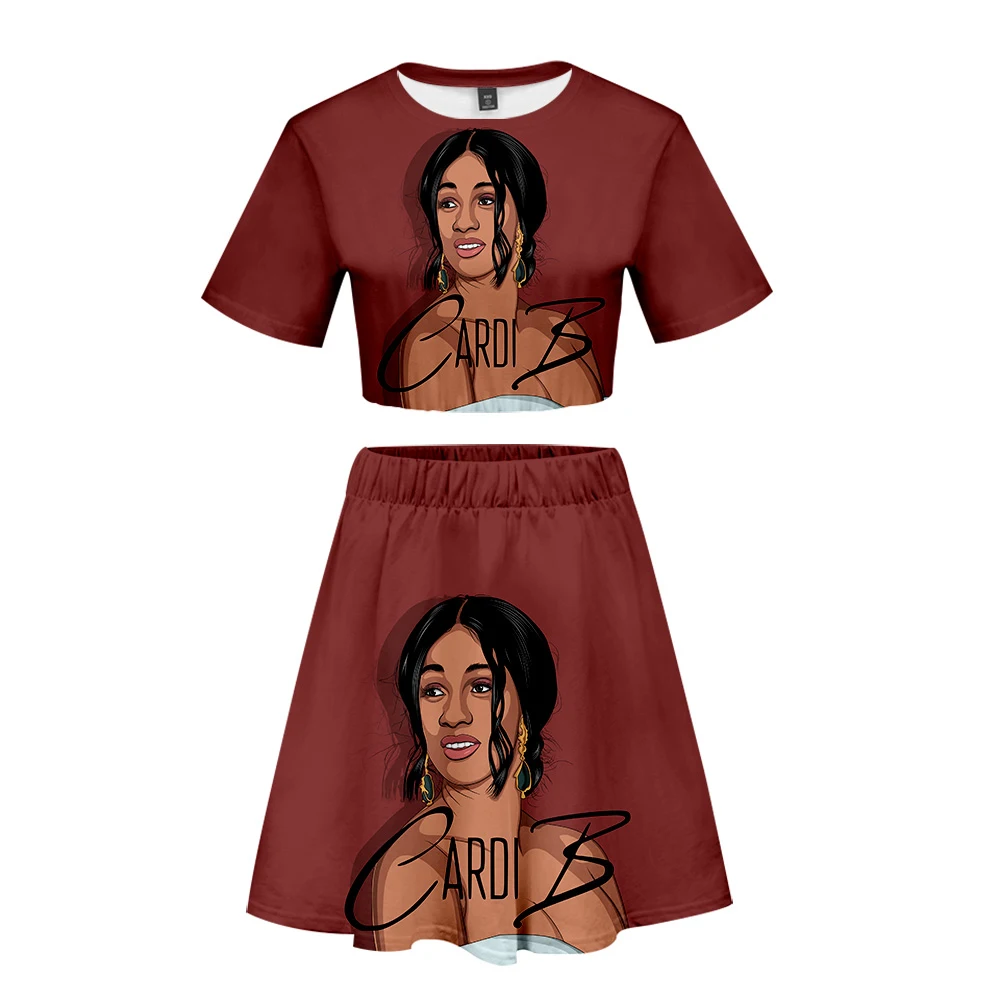 

Cardi B new 2 Piece Set 3D print Summer Navel Short Sleeve+Short Skirt Sets Hip Hop COOL Casual fashion Women /girl