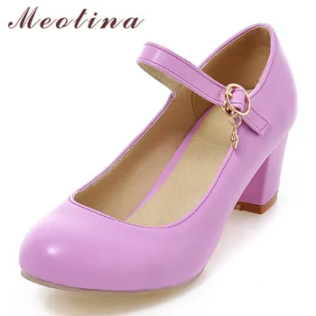 

Meotina High Heels Women Mary Janes Party Shoes Pumps 2018 Spring White Shoes Thick High Heel Round Toe Shoes Ladies Blue Pink