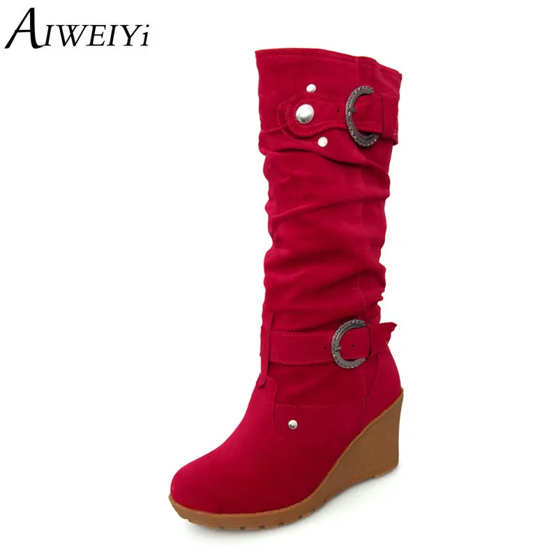 

AIWEIYi Knee High Boots for Women Black Wedges Shoes Woman High Heels Fur Warm Winter Shoes Snow Boots