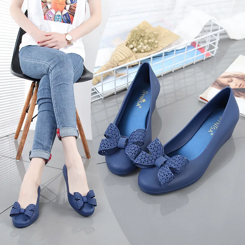 

Jelly Pumps Shoes Women Spring Summer Wedges Heel Round Toe With Bowknot Slip On Summer Sandals Work Rain Shoes XWZ5932
